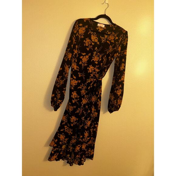 C+D+M Boho Preppy Professional Old Money Black & Gold Floral Wrap Dress - Picture 2 of 14